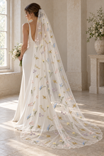 Load image into Gallery viewer, Gold Bee &amp; Pastel Wildflower Embroidered Wedding Veil with Silver Comb
