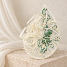 Load image into Gallery viewer, Ivory &amp; Sage Green Fascinator and Clutch Bag Set – Handmade Wedding Guest Accessories
