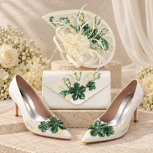 Load image into Gallery viewer, Ivory &amp; Sage Green Fascinator and Clutch Bag Set – Handmade Wedding Guest Accessories

