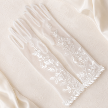 Load image into Gallery viewer, Embroidered Lace Bridal Gloves – Sheer Tulle Wedding Gloves
