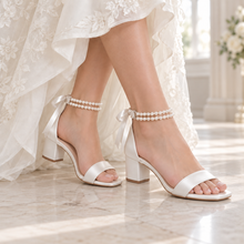 Load image into Gallery viewer, Ivory Pearl Ankle-Strap Bridal Sandals – Flat or Block Heel
