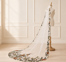 Load image into Gallery viewer, Autumnal embroidered Veil - Cathedral Length Floral Lace Edge Bridal Veil
