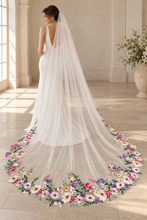 Load image into Gallery viewer, Colourful Wildflower Embroidered Edge Wedding Veil – White or Ivory, 200–300cm
