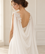 Load image into Gallery viewer, Ivory Chiffon Bridal Cape with Lace Shoulders – 300cm Cathedral Train
