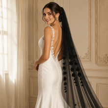 Load image into Gallery viewer, Black 3D Floral Cathedral Wedding Veil – 300cm Gothic Bridal Veil with Comb

