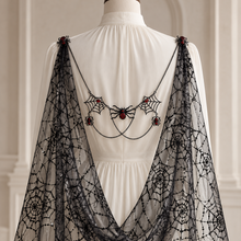 Load image into Gallery viewer, Black Spiderweb Bridal Cape with Lace Trim &amp; Spider Chain Detail – 150–300cm
