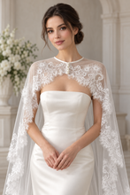 Load image into Gallery viewer, Ivory Lace Bridal Cape with Pearl Button Fastening – 300cm Cathedral Length
