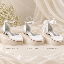 Load image into Gallery viewer, Round Toe Satin Bridal Flats – Custom Colour Wedding Shoes With Pearl, Plain or Ribbon Straps
