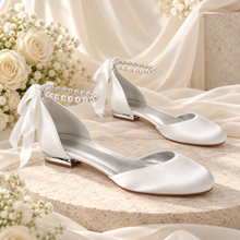 Load image into Gallery viewer, Round Toe Satin Bridal Flats – Custom Colour Wedding Shoes With Pearl, Plain or Ribbon Straps
