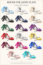 Load image into Gallery viewer, Round Toe Satin Bridal Flats – Custom Colour Wedding Shoes With Pearl, Plain or Ribbon Straps
