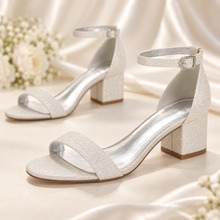 Load image into Gallery viewer, Glitter Shimmer Block Heel Wedding Sandals – Low Heel Bridal Shoes in Ivory &amp; Other Colours
