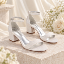 Load image into Gallery viewer, Glitter Shimmer Block Heel Wedding Sandals – Low Heel Bridal Shoes in Ivory &amp; Other Colours
