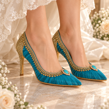 Load image into Gallery viewer, Jasmine Inspired Bridal Heels | Teal Tulle &amp; Gold Wedding Shoes
