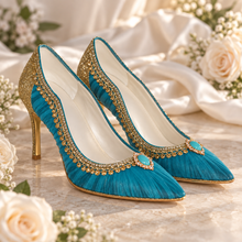 Load image into Gallery viewer, Jasmine Inspired Bridal Heels | Teal Tulle &amp; Gold Wedding Shoes
