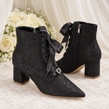 Load image into Gallery viewer, Lace Bridal Ankle Boots – Pointed Toe Block Heel Wedding Boots
