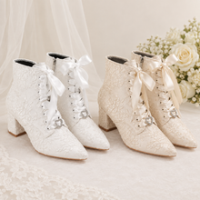 Load image into Gallery viewer, Lace Bridal Ankle Boots – Pointed Toe Block Heel Wedding Boots
