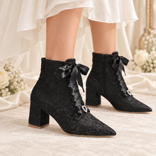 Load image into Gallery viewer, Lace Bridal Ankle Boots – Pointed Toe Block Heel Wedding Boots
