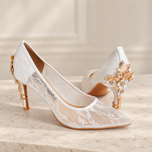 Load image into Gallery viewer, White Lace Bridal Shoes with Cherry Blossom Heels – Handmade Wedding Courts
