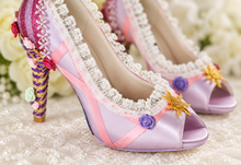 Load image into Gallery viewer, Rapunzel Inspired Bridal Heels | Lilac Satin, Lace &amp; Ribbon Flowers
