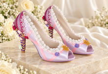 Load image into Gallery viewer, Rapunzel Inspired Bridal Heels | Lilac Satin, Lace &amp; Ribbon Flowers
