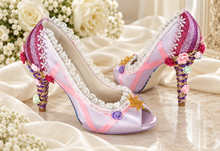 Load image into Gallery viewer, Rapunzel Inspired Bridal Heels | Lilac Satin, Lace &amp; Ribbon Flowers
