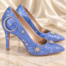 Load image into Gallery viewer, Light Blue Celestial Wedding Shoes – Glitter Moon &amp; Star Heels
