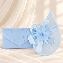 Load image into Gallery viewer, Light Blue Fascinator &amp; Vegan Suede Clutch Bag | Matching Set

