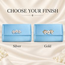 Load image into Gallery viewer, Light Blue Satin Clutch Bag with Floral Embellishment – Silver or Gold Wedding Guest Handbag
