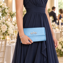 Load image into Gallery viewer, Light Blue Satin Clutch Bag with Floral Embellishment – Silver or Gold Wedding Guest Handbag
