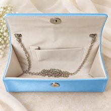 Load image into Gallery viewer, Light Blue Satin Clutch Bag with Floral Embellishment – Silver or Gold Wedding Guest Handbag
