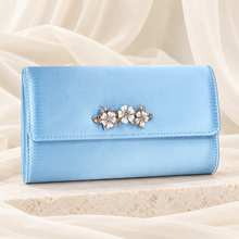 Load image into Gallery viewer, Light Blue Satin Clutch Bag with Floral Embellishment – Silver or Gold Wedding Guest Handbag
