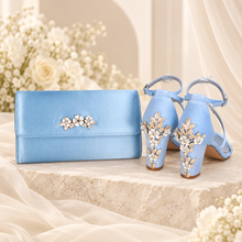 Load image into Gallery viewer, Light Blue Satin Clutch Bag with Floral Embellishment – Silver or Gold Wedding Guest Handbag
