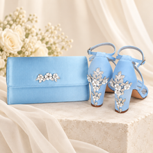 Load image into Gallery viewer, Light Blue Satin Clutch Bag with Floral Embellishment – Silver or Gold Wedding Guest Handbag
