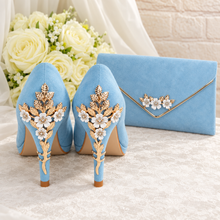 Load image into Gallery viewer, Light Blue Suede Wedding Shoes and Matching Cherry Blossom Clutch

