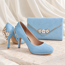Load image into Gallery viewer, Light Blue Suede Wedding Shoes and Matching Cherry Blossom Clutch
