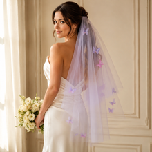 Load image into Gallery viewer, Pastel Lilac Purple Bridal Veil with 3D Butterflies, Wedding Veil with Silk Butterfly
