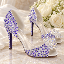 Load image into Gallery viewer, Lilac Crystal Bridal Shoes with Flower Detail | Custom Colour Peep Toe Heels
