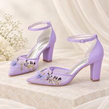 Load image into Gallery viewer, Lilac Embroidered Bridal Shoes – Block Heel Wedding Sandals
