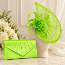 Load image into Gallery viewer, Lime Green Fascinator and Satin Clutch Bag Set
