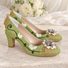 Load image into Gallery viewer, Tiana Inspired Bridal Block Heels | Green Glitter &amp; Golden Leaves
