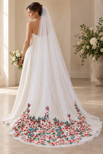 Load image into Gallery viewer, Red &amp; Pink Floral Embroidered Wedding Veil – White Tulle, 200 cm – Sale
