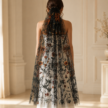 Load image into Gallery viewer, Black Autumn Floral Embroidered Wedding Veil | Handmade Bridal Veil UK
