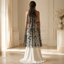 Load image into Gallery viewer, Black Autumn Floral Embroidered Wedding Veil | Handmade Bridal Veil UK
