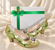 Load image into Gallery viewer, Tiana Inspired Bridal Block Heels | Green Glitter &amp; Golden Leaves
