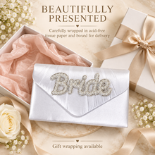 Load image into Gallery viewer, Personalised Pearl Bride or Mrs Satin Clutch Bag – Handmade Bridal Wedding Purse
