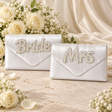 Load image into Gallery viewer, Personalised Pearl Bride or Mrs Satin Clutch Bag – Handmade Bridal Wedding Purse
