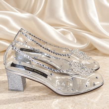 Load image into Gallery viewer, Cinderella Inspired Wedding Shoes | Crystal Hearts &amp; Low Clear Block Heels
