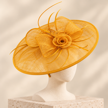 Load image into Gallery viewer, Mustard Yellow Large Oval Sinamay Fascinator – Final Clearance
