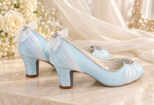 Load image into Gallery viewer, Cinderella Inspired Bridal Shoes | Something Blue Satin Block Heels
