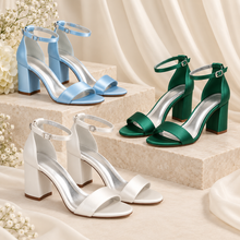 Load image into Gallery viewer, Satin Block Heel Bridal Sandals – Handmade Wedding Shoes in White, Ivory or Custom Colours
